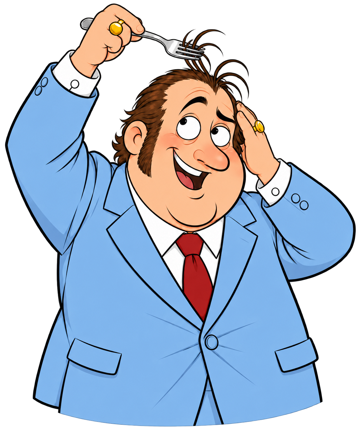 Ligma Balzac in a light blue suit combing his hair with a fork